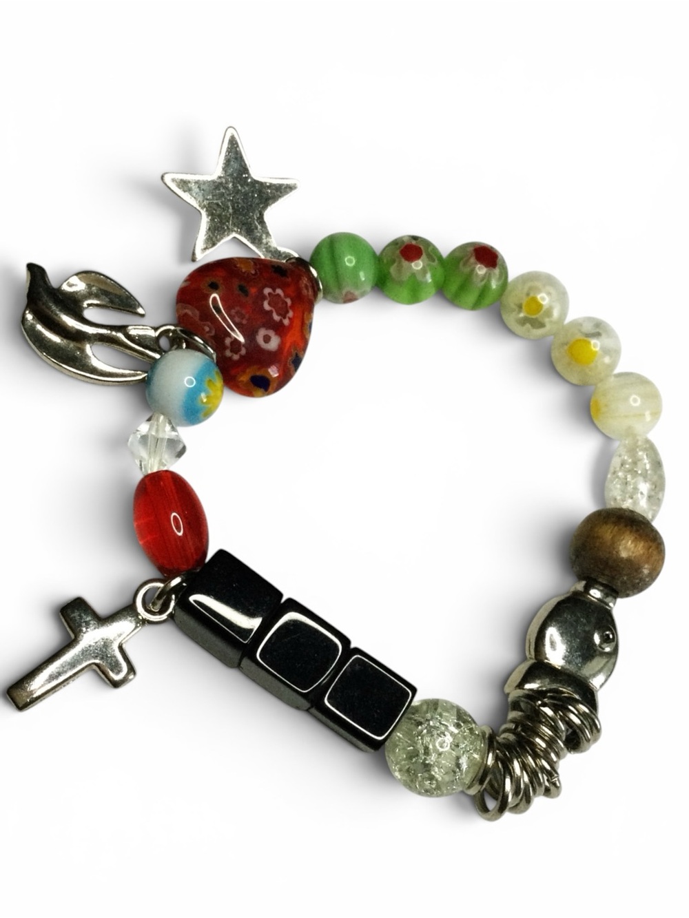 Vtg Artisan Christmas Stretch Bracelet – Mixed Beads with Star Cross Dove Charms - Picture 8 of 16